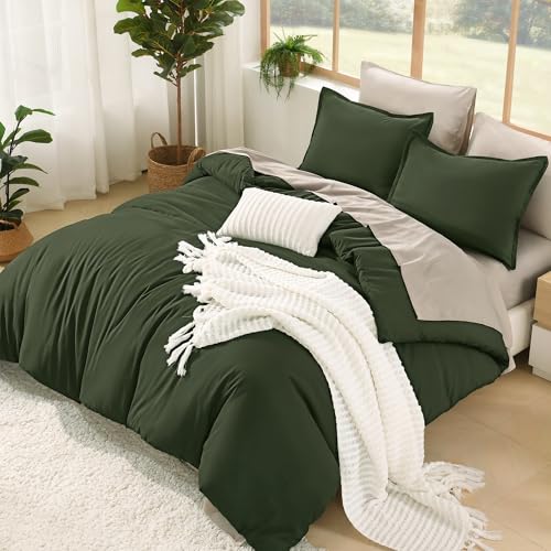 Litanika Queen Comforter Set with Sheets - 7 Pieces Bed in a Bag - Olive Oatmeal Fluffy Lightweight Soft Warm Down Alternative Solid All Season Bedding Set