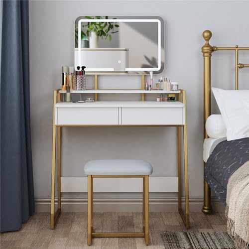 Mondeer Dressing Table with Mirror and Stool, Makeup Table, White and Gold