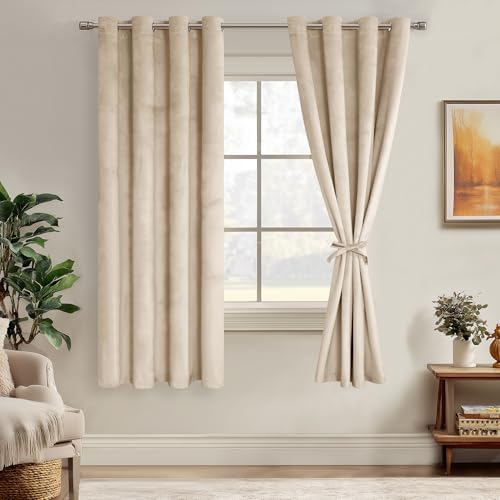 JIUZHEN Beige Velvet Curtains 72 inches for Living Room - Privacy Protect Room Darkening Grommet Thick Velvet Window Drapes for Bedroom, Set of 2 with Tiebacks, 52W x 72L