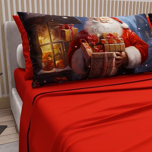PETTI Italian Artisans - Cotton Sheets with Christmas Digital Print Pillowcases, Christmas Single Sheets, Christmas Single Bed Set, Xmas 2 Red, 100% Made in Italy