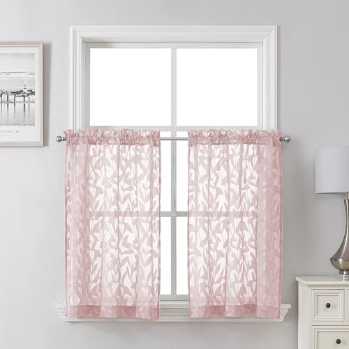 "Lecloud Leia Blush Pink Sheer Kitchen Curtains 30 Inch Length 2 Pcs, Leaf Textured Voile Modern Jacquard Tiers, Dual Rod Pocket Window Treatments for Bedroom Living Room, 30"" W x 30"" L"