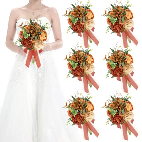 HOMENERGY Set of 6 Bridesmaid Bouquets for Wedding - 7 Inch Artificial Flowers Bouquets for Ceremony Anniversary Centerpieces Decorations - Orange & White