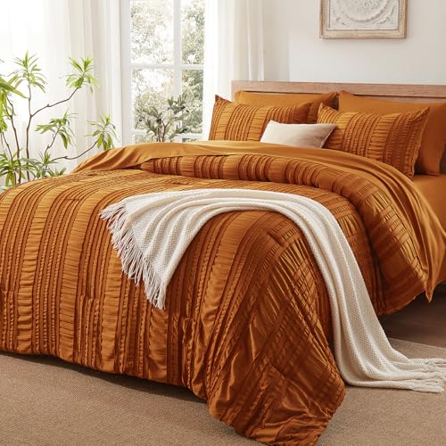 Burnt Orange Tufted Textured Comforter Set King Size, 7 Piece Bed in a Bag???Shabby Chic Boho Bedding for Bedroom Comforter???All Season Soft Microfiber Ruffle Comforter Set with Pillow and Sheets