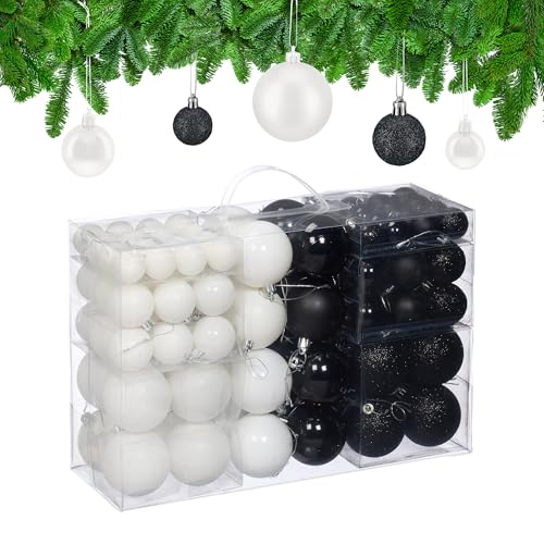 Relaxdays Christmas Baubles, Set of 100, Tree Ornaments, 3, 4 & 6 cm, Decorations, Glittery, Matte & Shiny, Black/White