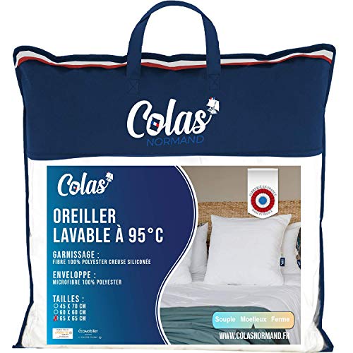 Colas Normand Pillow Washable at 95°C, Fluffy, 65 x 65 cm, Microfibre, Soft and Comfortable, Washable, French Made, White