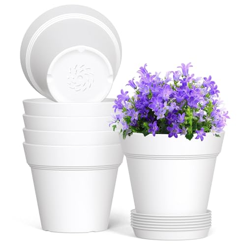 WSMKSZ 6 Inch Thick Plastic Plant Pots with Drainage Holes and Trays ??? 6 Pack Nursery Pots for Indoor & Outdoor House Plants, Seedling Starter Planters for Garden Flowers, White