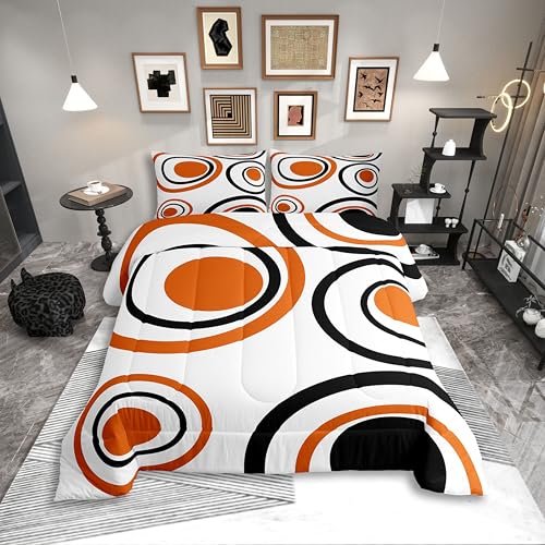 Erosebridal Orange Abstract Queen Comforter Set for Adult Women Men Modern Geometric Circles Bedding Set Boho Art Aesthetic Striped Bed Set Minimalist Black White Abstract Quilt Set