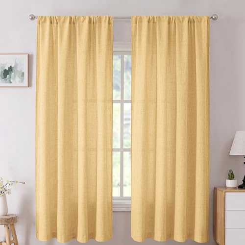 Tollpiz Short Linen Curtains Living Room Rod Pocket Semi Sheer Curtain Burlap Light Filtering Thick Linen Drapes for Bedroom, 54 x 54 inches Long, Beige, Set of 2 Panels