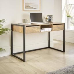 Home Source Toronto Office Workstation, 2 Drawer Shelf Storage, PC Computer Desk, Black Metal Legs, Smoked Oak Effect
