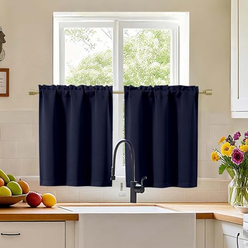Simplebrand Navy Blue Blackout Curtains 30 inch Length 2 Panels for Kitchen, Room Darkening Tiers Drapes with Rod Pocket, Blackout Thermal Insulating Small Curtain Tiers for Bathroom, Each 30W x 30L