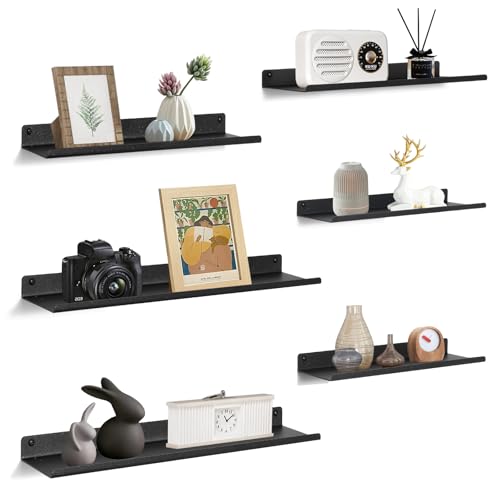 Uten Floating Shelves, Rustic Iron Wall Shelves Set of 6, Decorative Photo Book Display Shelves for Bedroom, Living Room, Kitchen, Bathroom and Office, Black with Silver Stars
