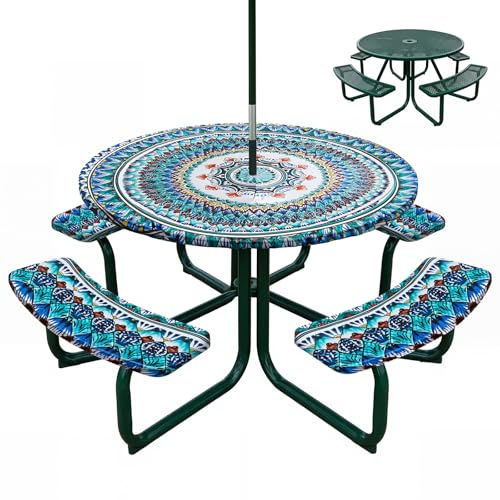 "Fanfanwin Round Outdoor Ttable Cloth with Umbrella Hole, BBQ Table Covers Picnic Afternoon Tea Tablecloths, with 4 Bench Cover Set Covers with Elastic Fits to 42""-50"" Patio Tables(Mandela Style)"