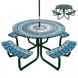 "Fanfanwin Round Outdoor Ttable Cloth with Umbrella Hole, BBQ Table Covers Picnic Afternoon Tea Tablecloths, with 4 Bench Cover Set Covers with Elastic Fits to 42""-50"" Patio Tables(Mandela Style)"