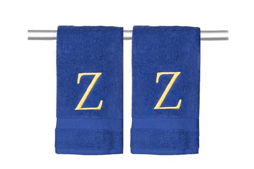 Navy with Gold Monogrammed Hand Towels for Bathroom - Set of 2 Letter Z - Luxury Hotel Quality Initial Towels For Powder Room, Spa, GOTS Organic Certified