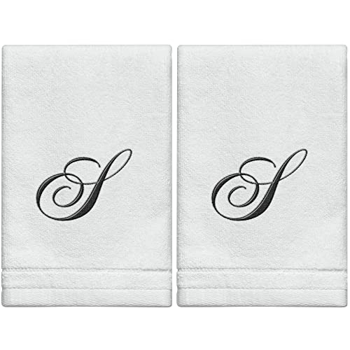Monogrammed Towels Fingertip, Personalized Gift, 11 x 18 Inches - Set of 2- Black Embroidered Towel - Extra Absorbent 100% Cotton- Soft Velour Finish - For Bathroom/Kitchen/Spa- Initial S (White)