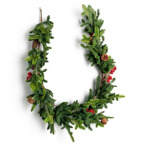 SHATCHI Fir Garland 180cm PE Material Real Garlands With Berries and Pine Cones Touch Holiday Christmas Garland Fire-Resistant Garlands for Door & Christmas Decoration