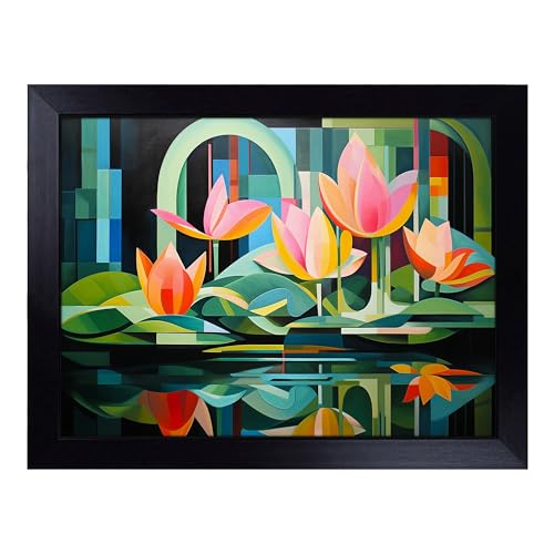 Lap Tray with Bean Bag Cushion, Water Lily Constructivism - Handmade in the UK, Raised Wooden Edge, Padded Cushion, Heat-Resistant Wipe-Clean Surface, for Meals, Laptops and Crafts