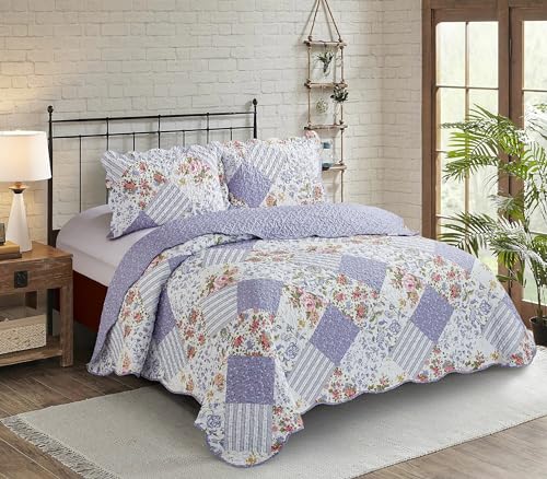 "Brilliant Sunshine Rose Violet Patchwork Quilt, Queen Size - Soft Reversible Bedspread, Lightweight Coverlet with Shams, Washable Bedding Set, All Seasons, 90""x90""+2 20""x26"""