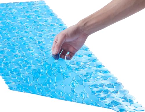 Webos Bath Shower Mat Non Slip: Extra Large Pebble Bathtub mat for Families, Anti Slip Shower Matt with Drain Holes Suction Cups Tub Mat - 16 X 40 Inch Clear Blue