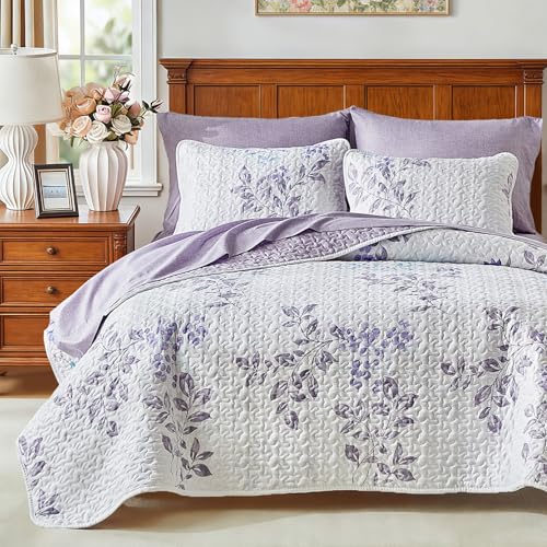 Floral Quilt Set - 3 Pieces Solid Shabby Chic Farmhouse Ruffles Bedding Rustic Coverlet & Sets Lightweight Fluffy Summer Bedspread with Shams for Women Men UQT303-K