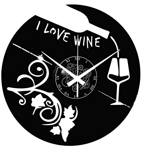 Instant Karma Clocks - I Love Wine Wall Clock – Wine Bottle, Glass & Grapes Theme – Silent No-Ticking - Perfect for Bedroom, Office, Studio, Cabin, Living Room – Unique Decoration