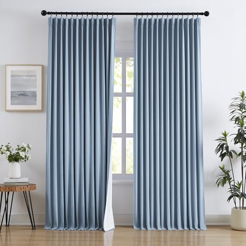 Treatmentex Flax Linen Pinch Pleat Curtains for Bedroom 95 Inches Long Blue, Rustic Memory Trained Blackout Window Curtains with White Curtain Liner for Guest Room, 40x95 Inch 2 Panels Set, Back Tab