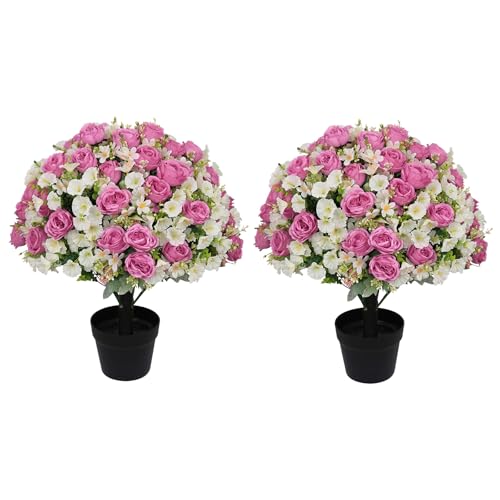 "Aoutyers 24"" Artificial Flowers for Outdoors Set of 2 ??? UV Resistant Fake Peonies Purple Silk Flowers Mixed Faux Eucalyptus in Cement Pots for Covered Outside Front Porch Home Indoor Spring Decor"