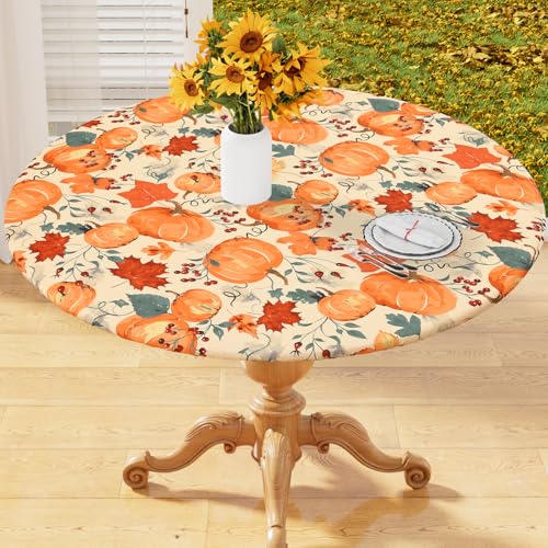 "homing Round Elastic Fitted Tablecloth, Water-Resistant Fabric Tablecloths for 45""-52"" Tables, Washable Polyester Table Cover for Picnic, Caming, Dinner, Indoor & Outdoor, Pumpkin Vine"