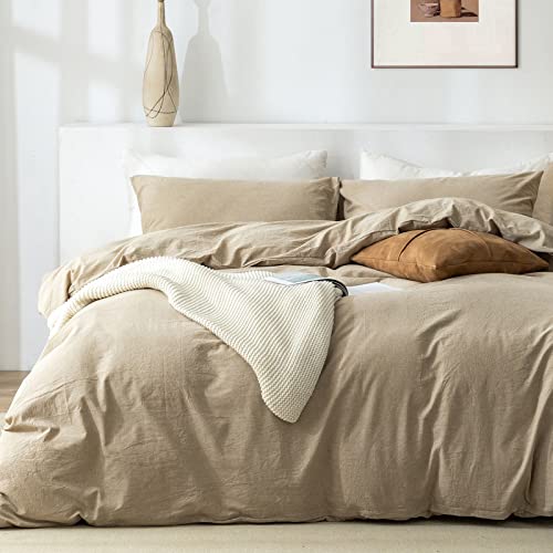 TIPTOE BEAR King Duvet Cover Set- 100% Washed Cotton 3 Pcs Soft Comfy Breathable Chic Linen Feel Bedding, 1 Duvet Cover and 2 Pillow Shams, Beige