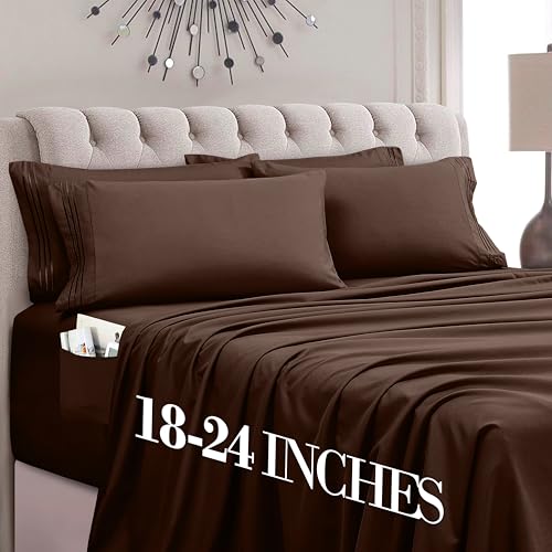 Mocassi Luxury 6-Piece Sheet Set, Ultra Soft 1800 Premium Hotel Quality Microfiber Sheet Set, Fits Mattresses Up to 18 to 24 Inches Extra Deep Pocket - Breathable and Secure Fit, Full, Brown