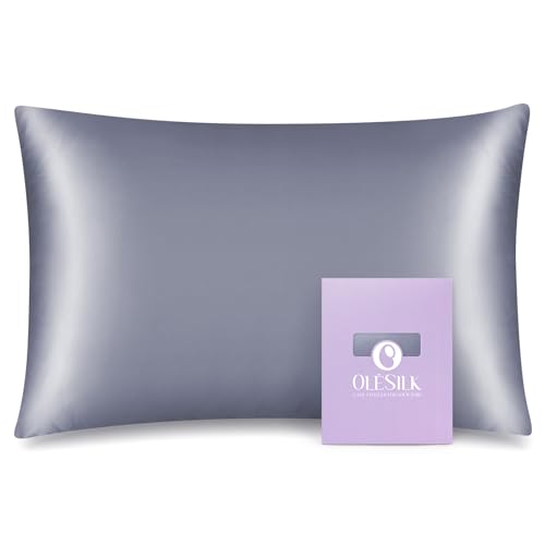 OLESILK 100% Mulbery Silk Pillowcase with Hidden Zipper for Hair and Skin Beauty, Both Sides 19mm Charmeuse Gift Box - Iron Grey, Toddler