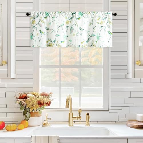 VOGOL Birds Print Valances for Windows, Linen Textured Privacy Valance Curtains for Dining Room, Decorative Window Treatment for Farmhouse, 60Wx18L, Green