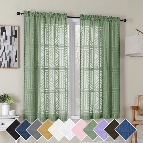 Simplebrand Sage Green Semi Sheer Curtains 45 Inch Length 2 Panels, Geometric Jacquard Clip Textured Short Sheer Curtains for Bedroom???Modern Elegant Window Curtains Drapes/Treatment Sheer???42x45 inch