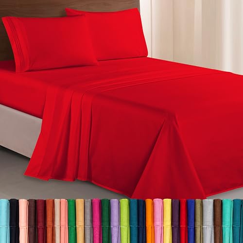 Elegant Comfort Luxurious 1500 Thread Count Egyptian Quality Three Line Embroidered Softest Premium Hotel Quality 4-Piece Bed Sheet Set, Wrinkle and Fade Resistant, King, Red