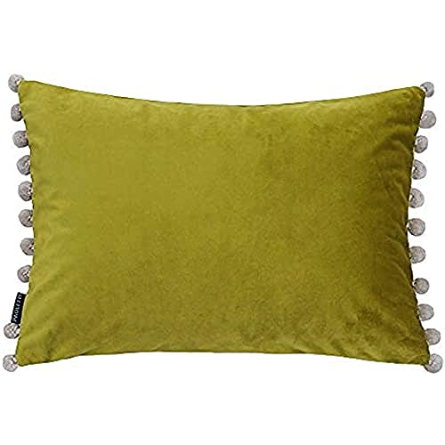 "Riva Paoletti Fiesta Rectangular Feather Filled Cushion Green Beige Pompom Edges-Faux Velvet Fabric-Discreet Zip Closure-100 Case (14"" x 20"" inches), Polyester, Bamboo/Natural, 35 x 50cm"