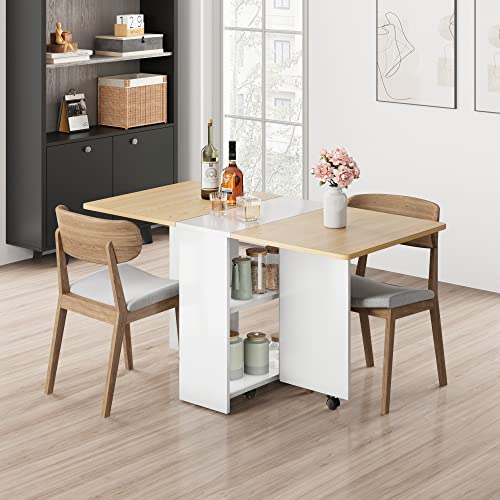 GarveeLife Folding Dining Table with Wheels, Extendable Drop Leaf Kitchen Table, 2-Tier Storage, Space Saving Dining Room Table for Kitchen, Apartment and Small Space