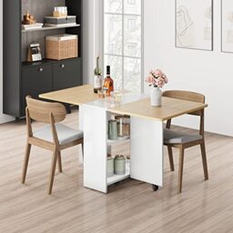 GarveeLife Folding Dining Table with Wheels, Extendable Drop Leaf Kitchen Table, 2-Tier Storage, Space Saving Dining Room Table for Kitchen, Apartment and Small Space