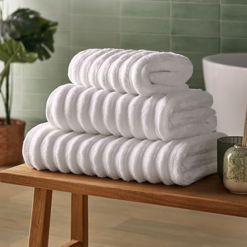 Silentnight Ribbed Cotton Hand Towel - Luxuriously Soft & Super Absorbent Deep Thick Pile Towel - 100% Cotton BCI - Textured Dense Ribbed Hand Towel - 90 x 50cm - Machine Washable, White