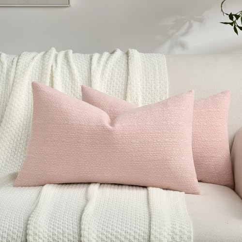FUTEI Pack of 2 Solid Chenille Throw Pillow Covers 12x20 Inch Soft Farmhouse Decorative Accent Lumbar Pillowcases Modern Home Decor for Couch Living Room, Pink