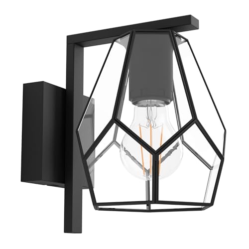 Eglo Indoor wall Light Mardyke, Industrial Style wall lamp Made of Clear Glass and Black Metal, Living Room and Bedroom Lighting Fixture, E27 Socket