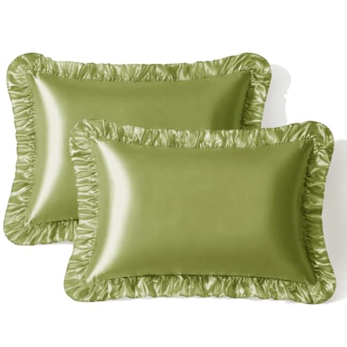 SiinvdaBZX Ruffled Queen Satin Pillowcase Set of 2, Sage Green - 20 x 30 Inch Silky Satin Pillow Cases for Women Ruffle Pillow Shams Covers Princess Room Decoration, Envelope Closure