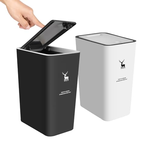 XPIY Trash Can with Lid, 2 Pack 4 Gallons/15 Liters Garbage Can with Press Top, Small Trash Can Dog Proof, Plastic Trash Bin, Waste Basket for Bathroom-Kitchen-Bedroom-Office (1, Blackwhite)