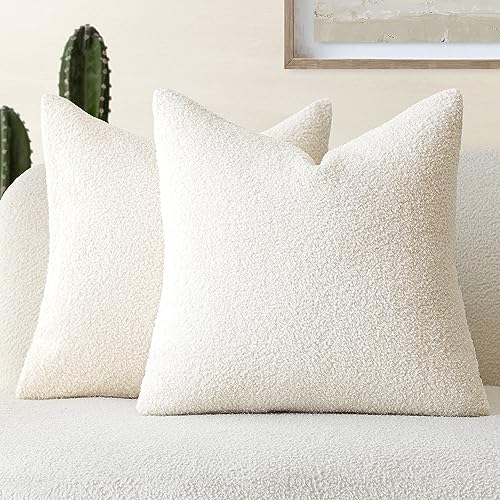 Foindtower Pack of 2, Curly Faux Fur Decorative Throw Pillow Covers Soft Neutral Plush Cushion Case with Zipper Cozy Pillowcase for Home Living Room Couch Bed Sofa 16 x 16 Inch, Cream White, SC40-1