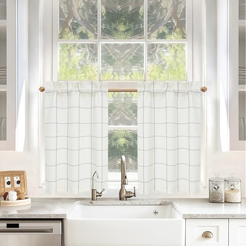 DriftAway Kitchen Curtains Striped Tier Linen Short Curtains Windowpane Plaid Cafe 36 Inch Length for Living Room Bathroom Chris Farmhouse Rustic Rod Pocket 2 Panels Gray