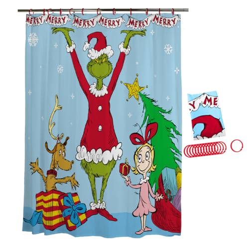Franco Dr. Seuss The Grinch Holiday 13 Piece Shower Curtain and Ring Set, (100% Officially Licensed Product)