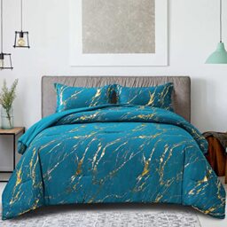 "WONGS BEDDING Teal Gold Metallic Marble Comforter Set King Foil Print Glitter Bedding Sets with 2 Pillowcases for All Seasons, Soft Microfiber Filling Bedding Duvet Set 103""x90"""