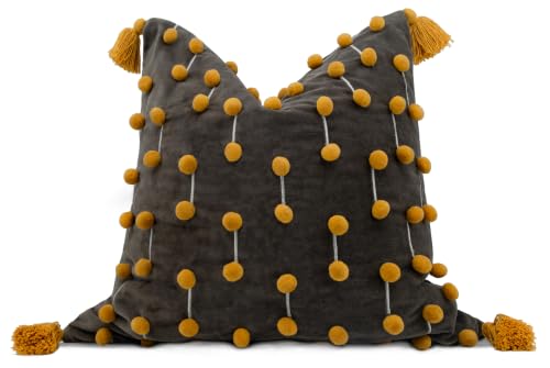 YugTex Decorative 20 Inch Square Throw Pillow Cover 20x20 - Dark Grey Cotton Velvet - Manuka Pom Pom