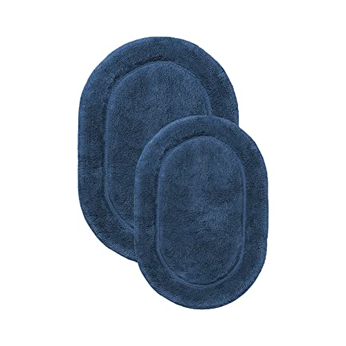 Superior Non-Slip 2 Piece Bath Rug Set, Ultra Plush, Soft, and Absorbent 100% Combed Cotton Pile - Traditional Oval Bath Mat Set, Sapphire