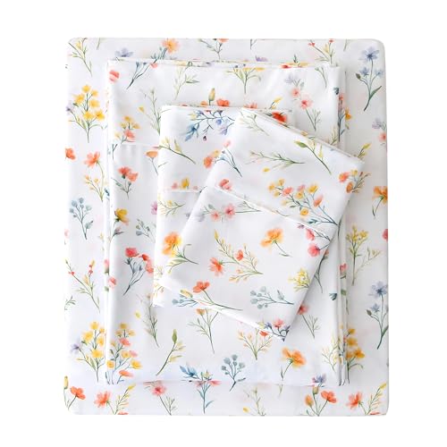 Viviland Floral King Sheet Set - 4 Piece Vintage Botanical Flower and Leaves Patterned Bed Sheets - Soft, Breathable Microfiber Sheets with Deep Pocket, Non-Slip Fitted Sheets & Pillowcases