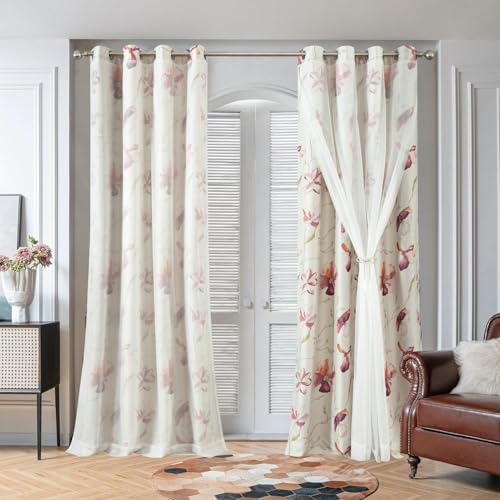 VOGOL Purple Floral Double Layer Curtains, Grommet, 52 x 84, 2 Panels - White Sheer Layer, Rustic Home Atmosphere, Decorative Fabric Texture, Ideal for Bedroom and Living Room